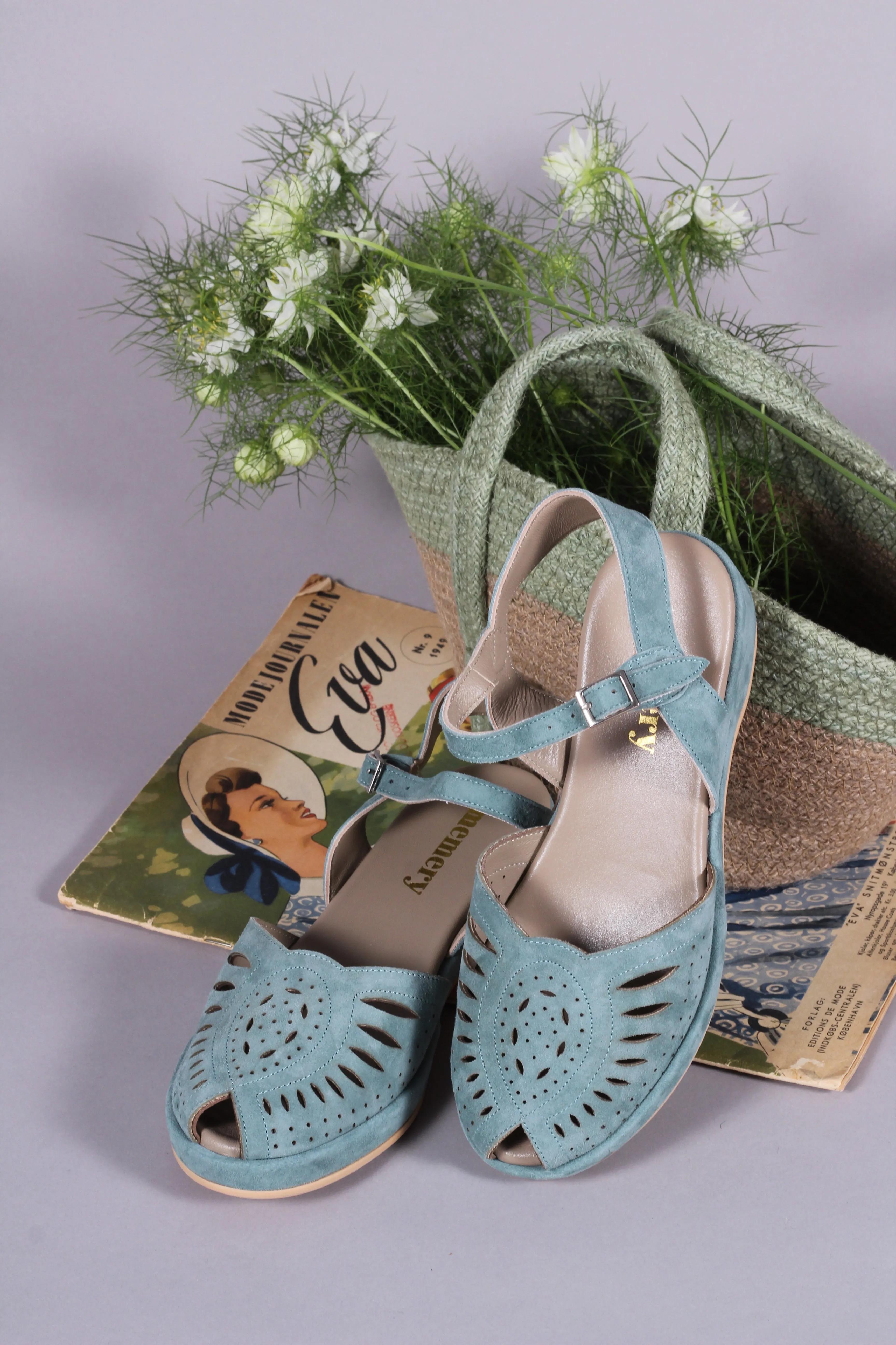 1940s / 50s style suede wedge - Dusty blue - Ella