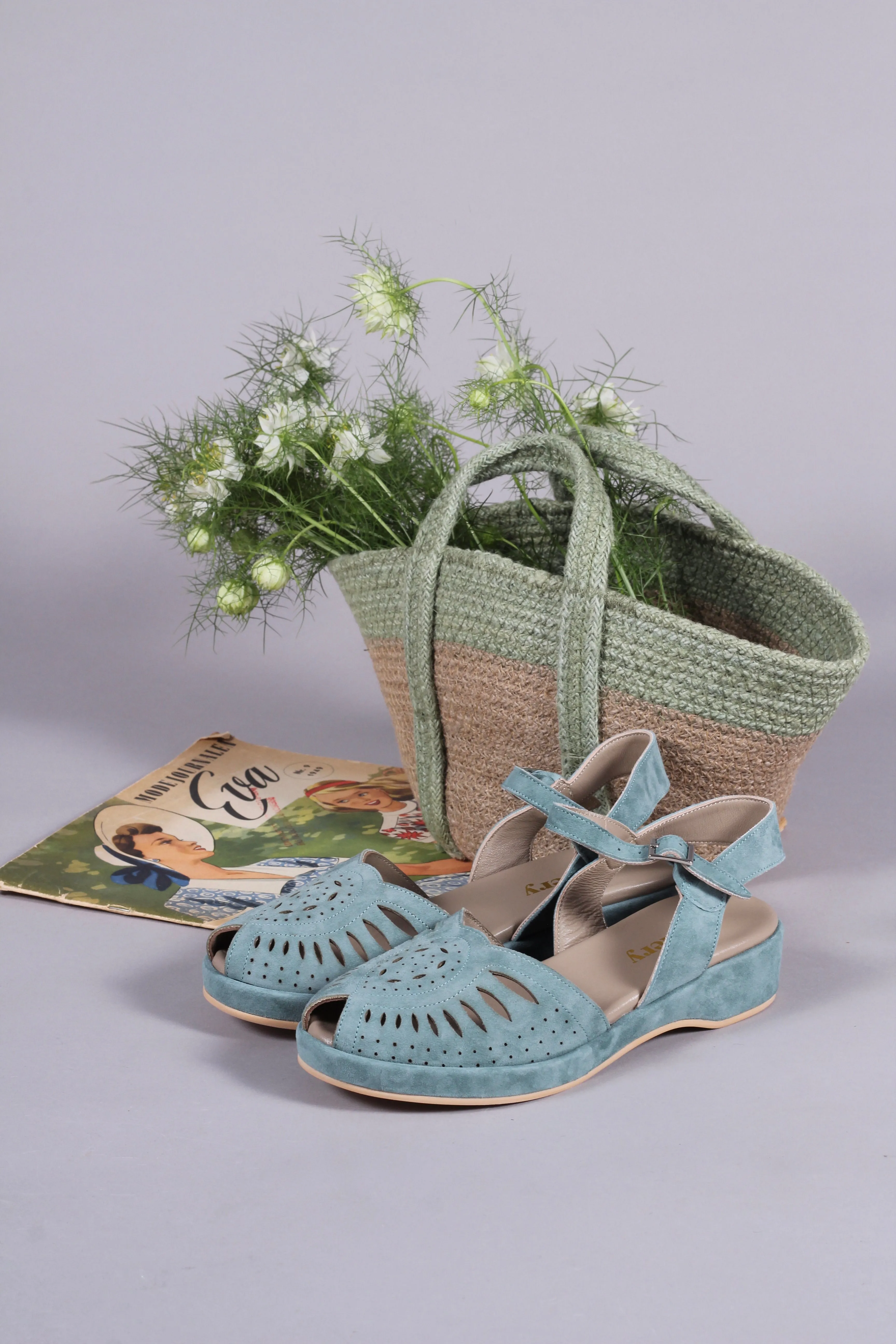 1940s / 50s style suede wedge - Dusty blue - Ella