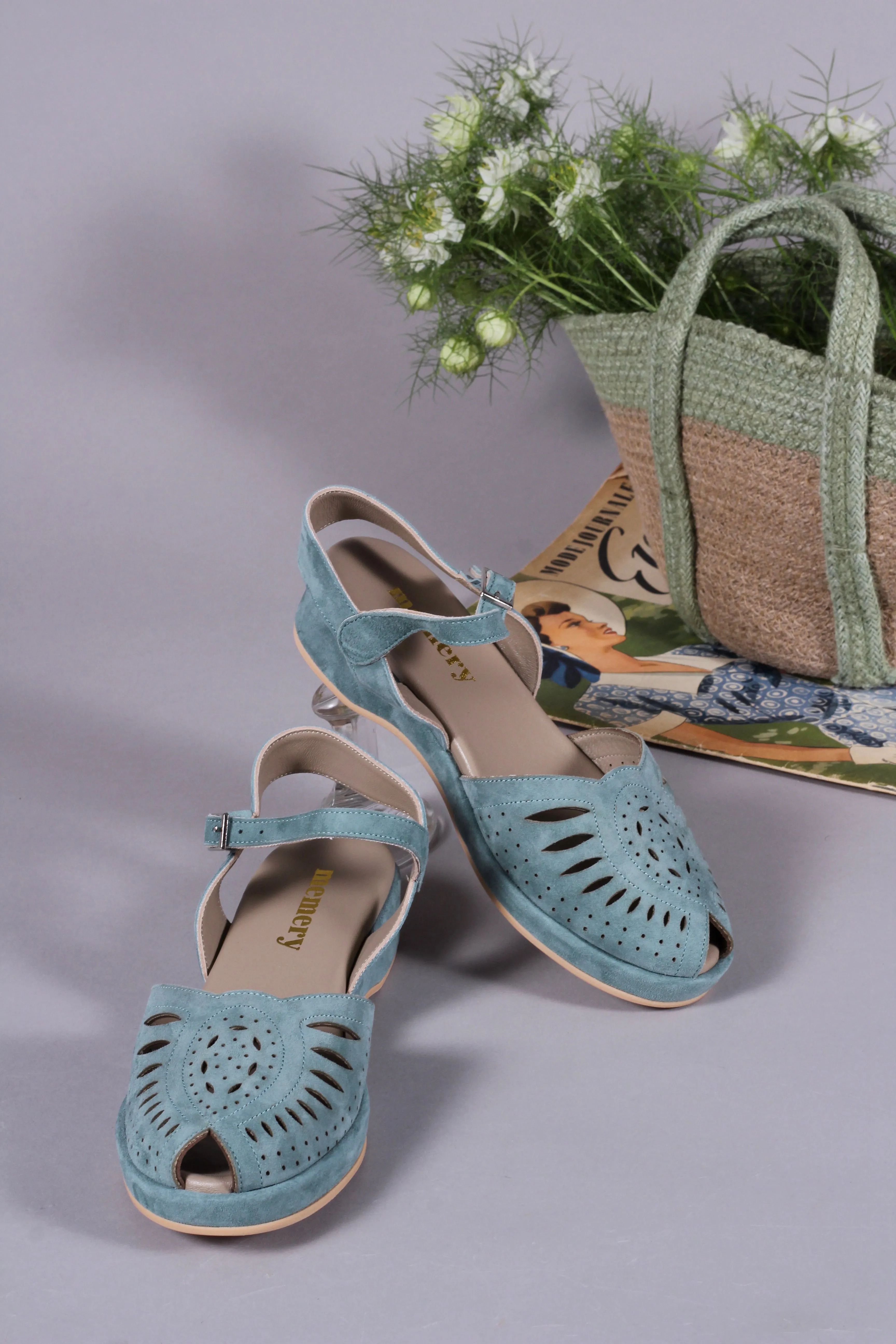1940s / 50s style suede wedge - Dusty blue - Ella