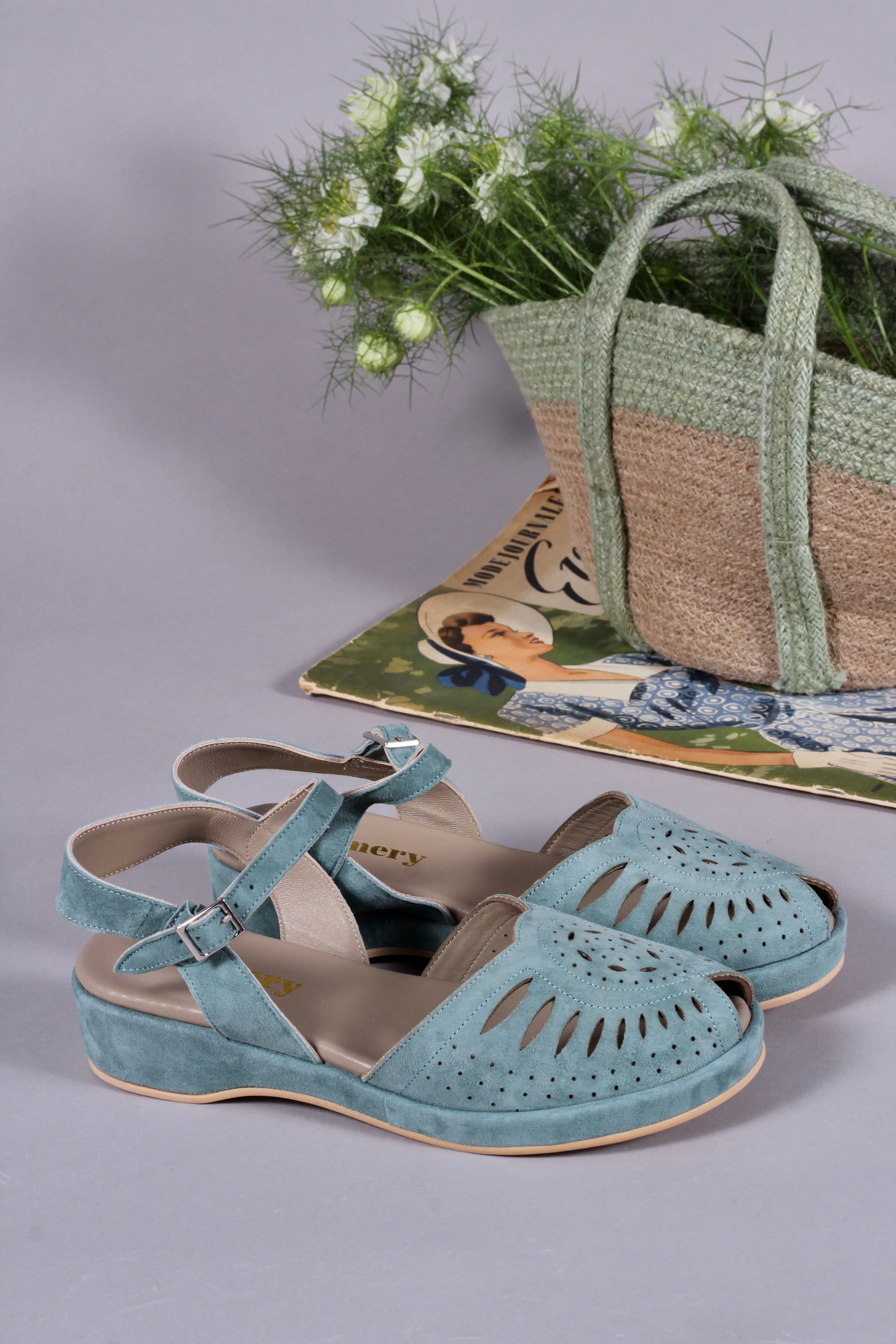 1940s / 50s style suede wedge - Dusty blue - Ella