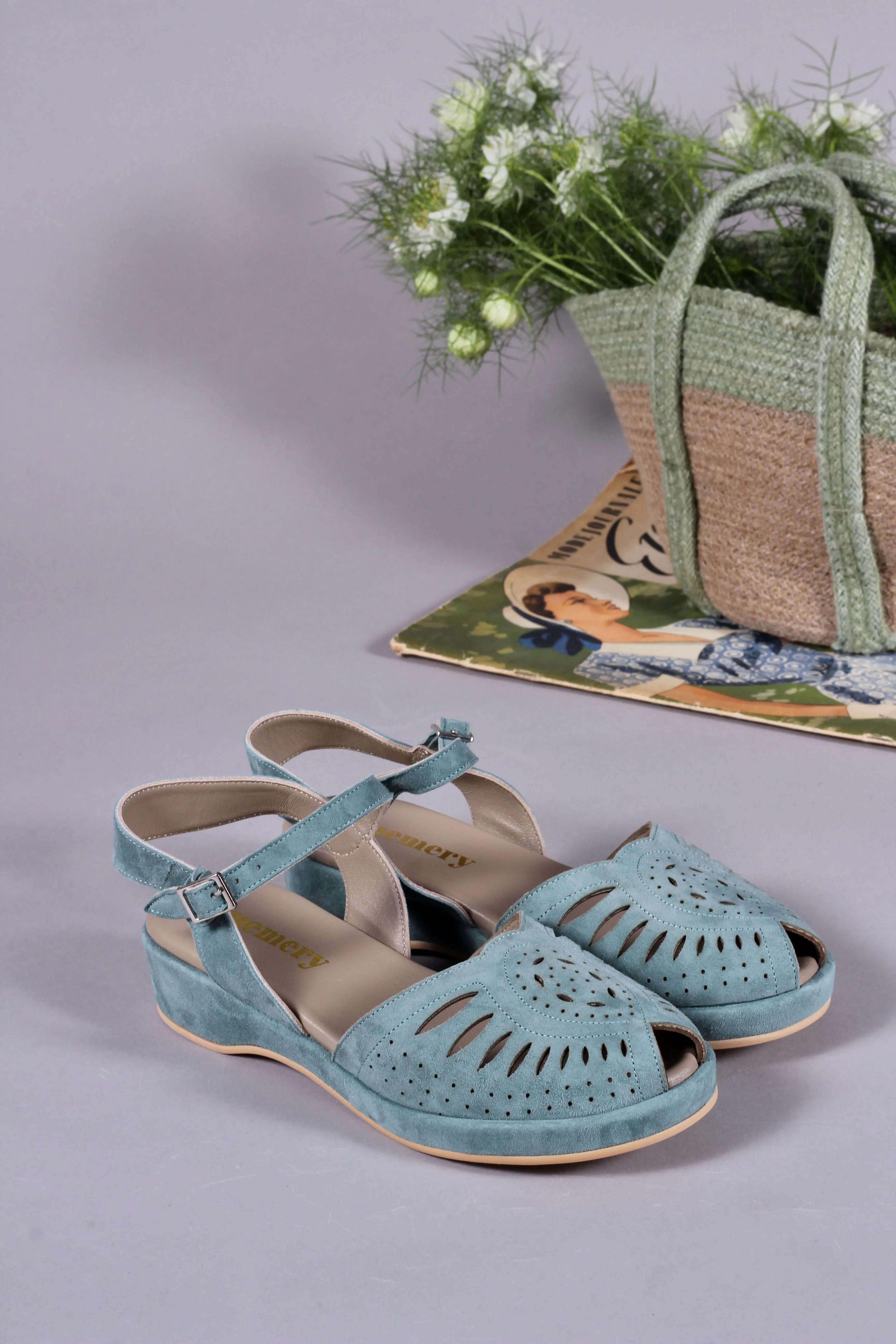 1940s / 50s style suede wedge - Dusty blue - Ella