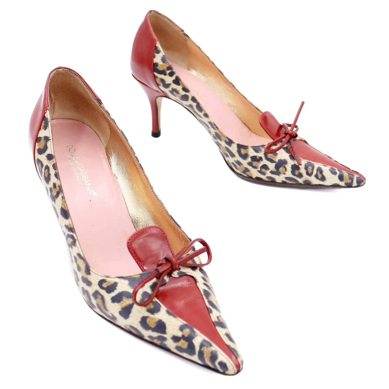 2000s Dolce & Gabbana Leopard Print Shoes w Red Patent Trim