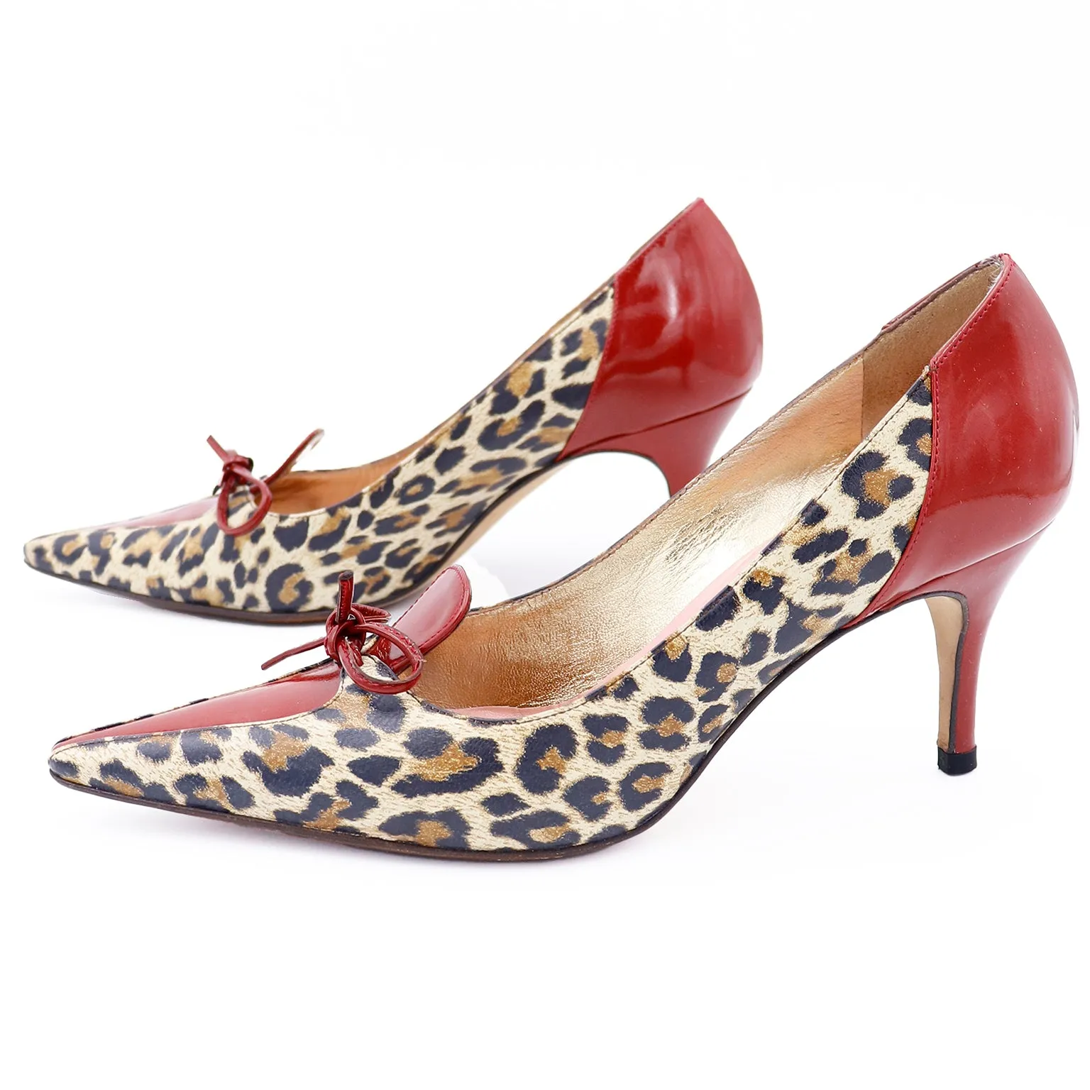 2000s Dolce & Gabbana Leopard Print Shoes w Red Patent Trim
