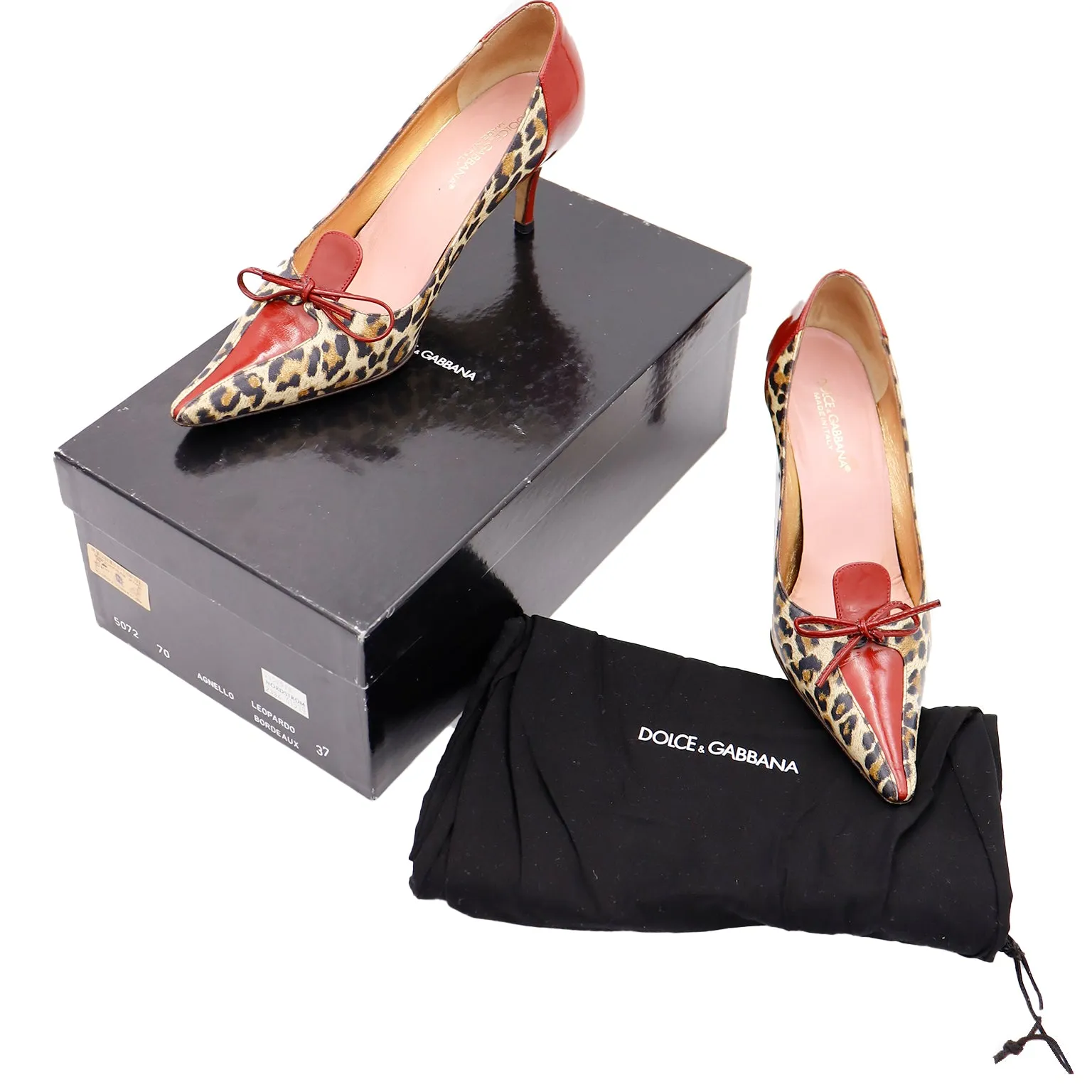 2000s Dolce & Gabbana Leopard Print Shoes w Red Patent Trim