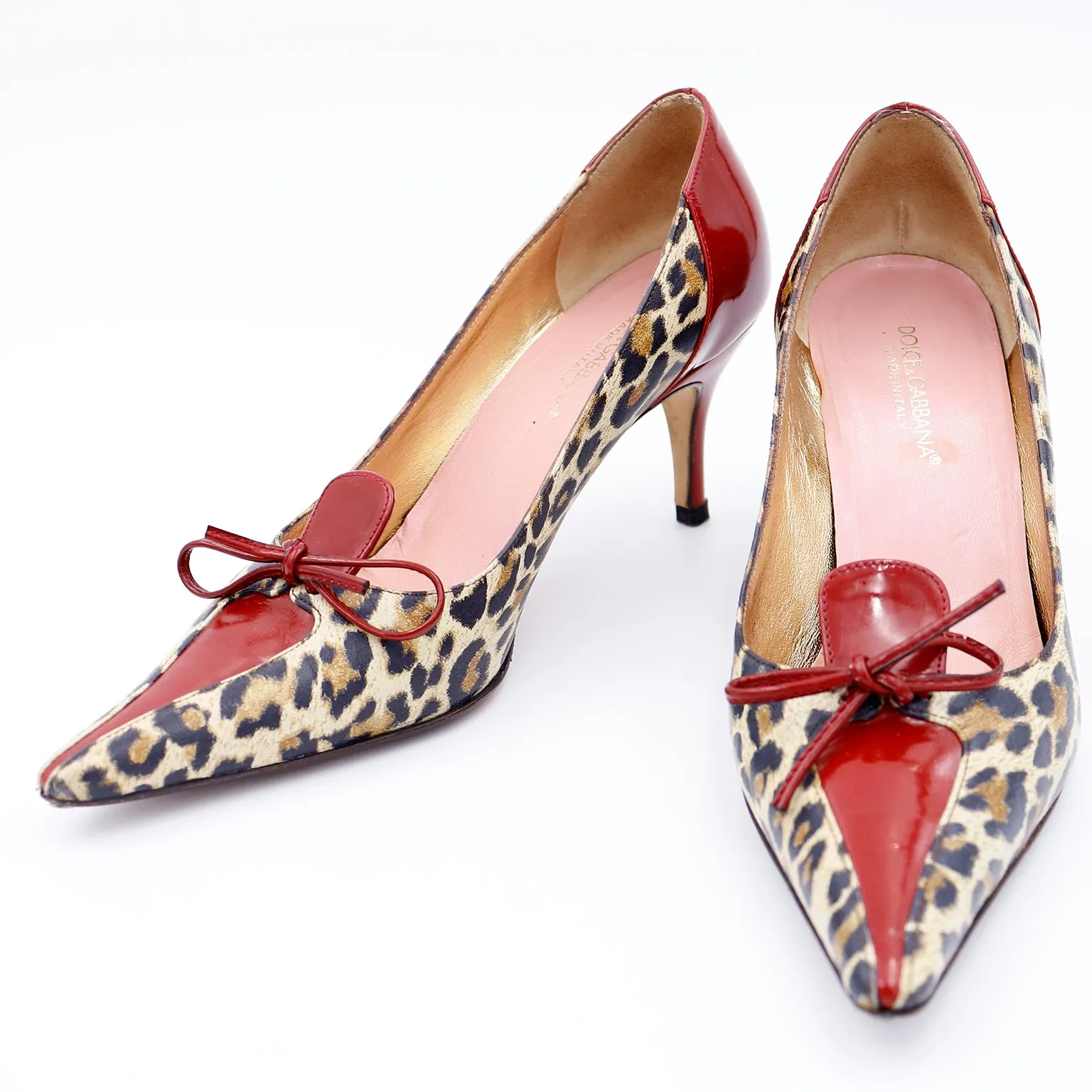 2000s Dolce & Gabbana Leopard Print Shoes w Red Patent Trim