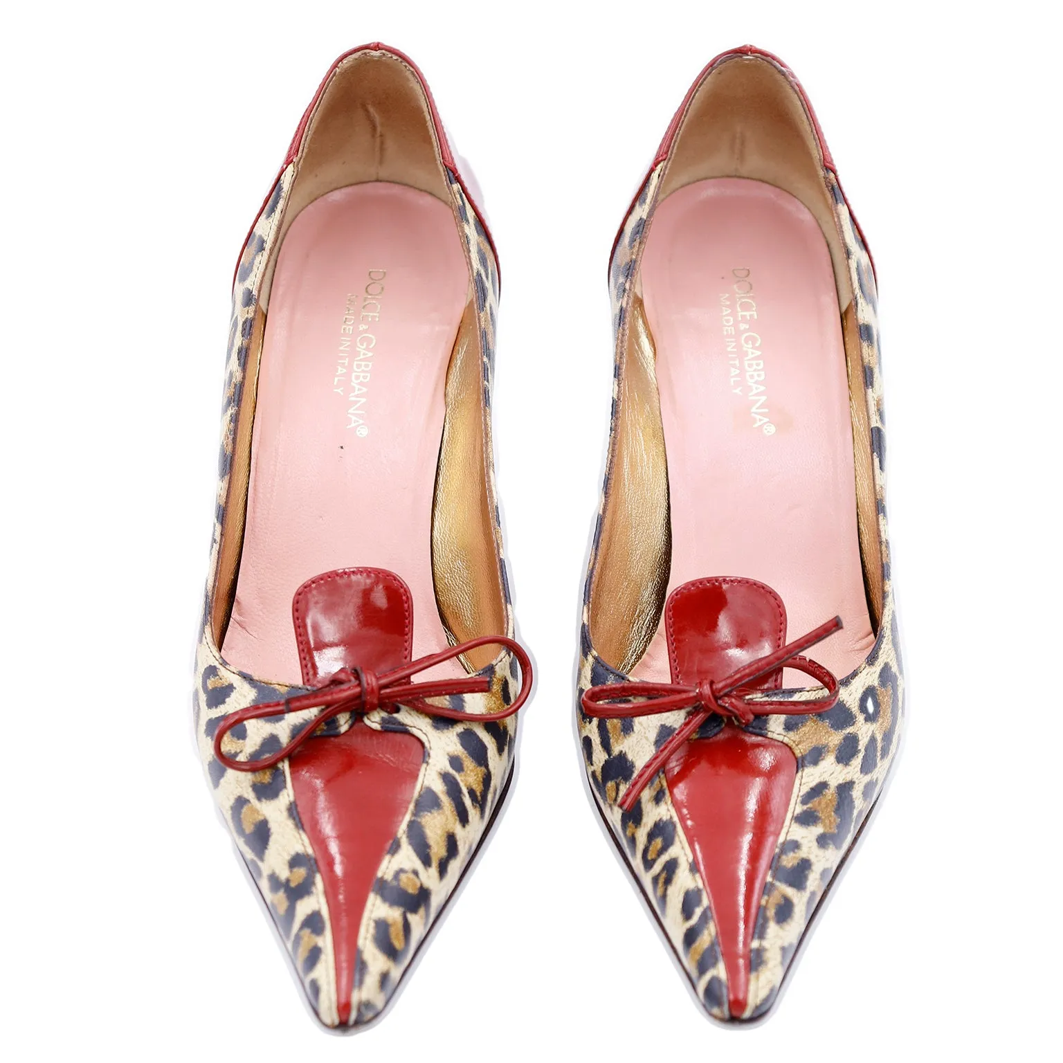2000s Dolce & Gabbana Leopard Print Shoes w Red Patent Trim