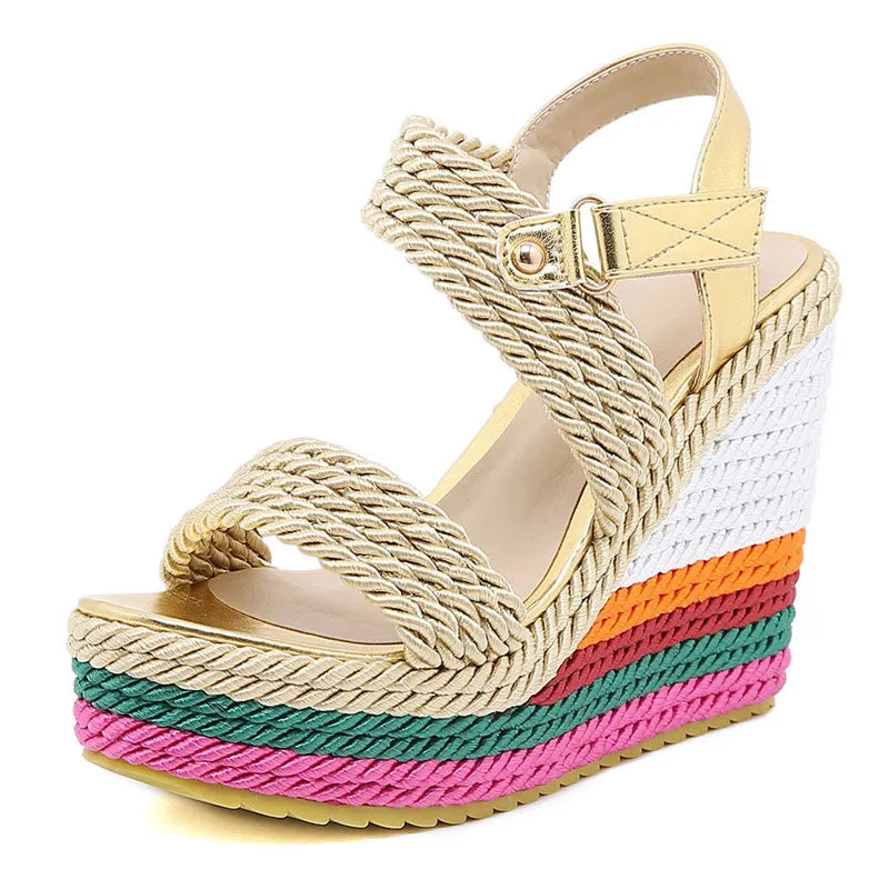 2022 Summer Boho Wedges Dress Party Rainbow Multicolor High Heels