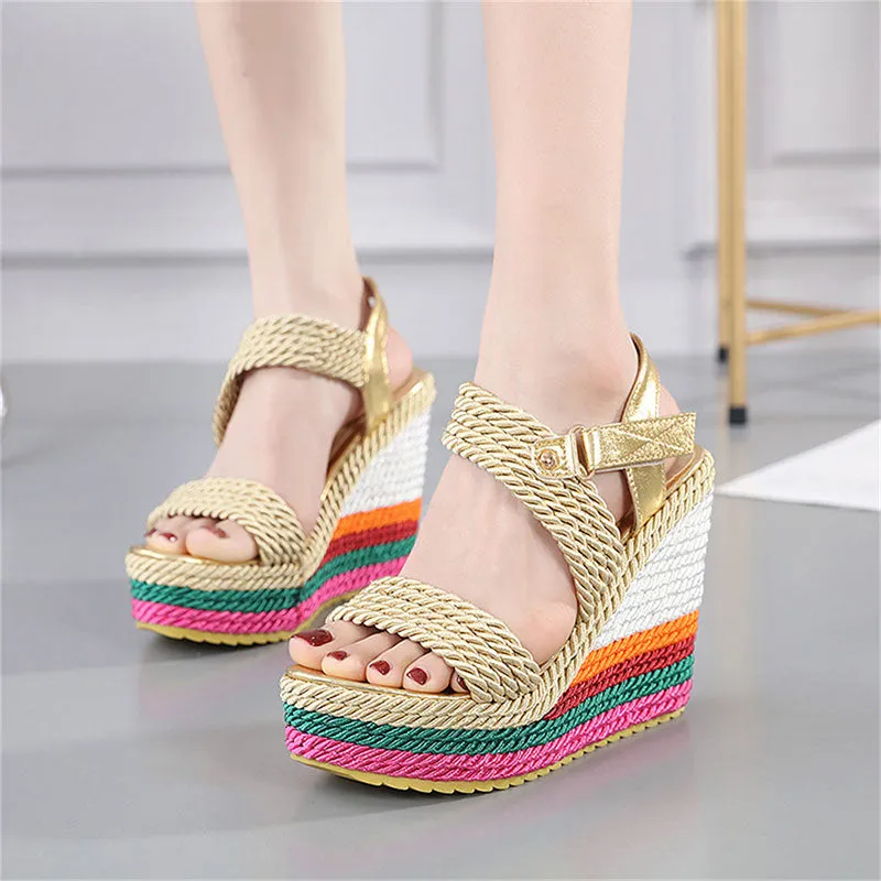 2022 Summer Boho Wedges Dress Party Rainbow Multicolor High Heels