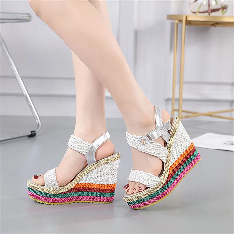 2022 Summer Boho Wedges Dress Party Rainbow Multicolor High Heels