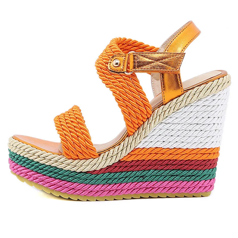 2022 Summer Boho Wedges Dress Party Rainbow Multicolor High Heels
