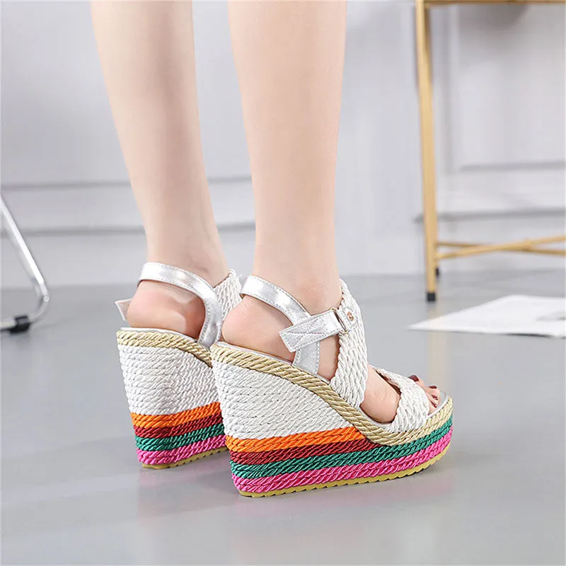 2022 Summer Boho Wedges Dress Party Rainbow Multicolor High Heels