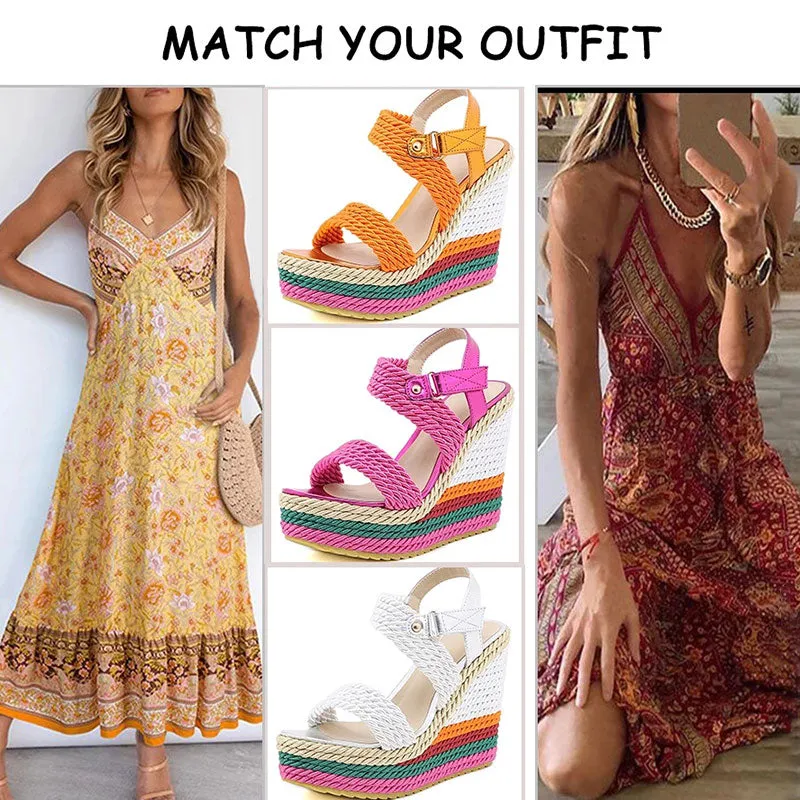 2022 Summer Boho Wedges Dress Party Rainbow Multicolor High Heels