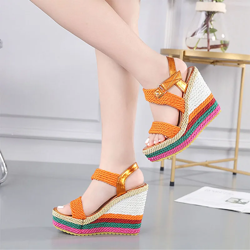 2022 Summer Boho Wedges Dress Party Rainbow Multicolor High Heels