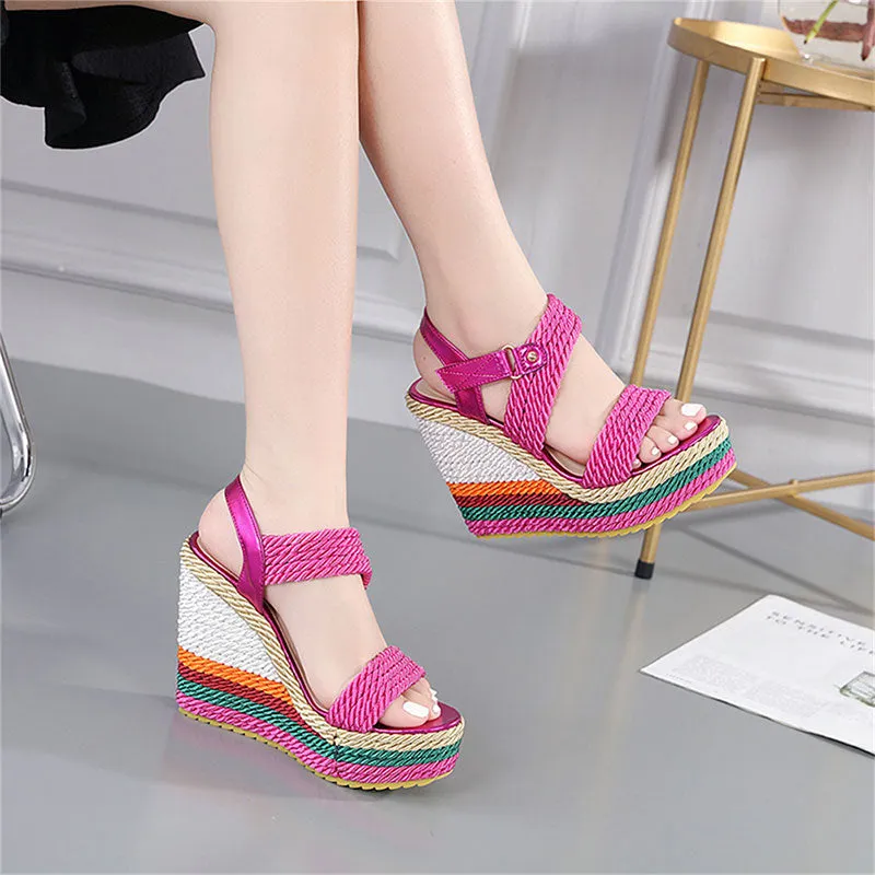 2022 Summer Boho Wedges Dress Party Rainbow Multicolor High Heels