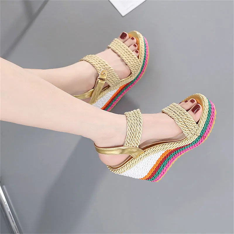2022 Summer Boho Wedges Dress Party Rainbow Multicolor High Heels