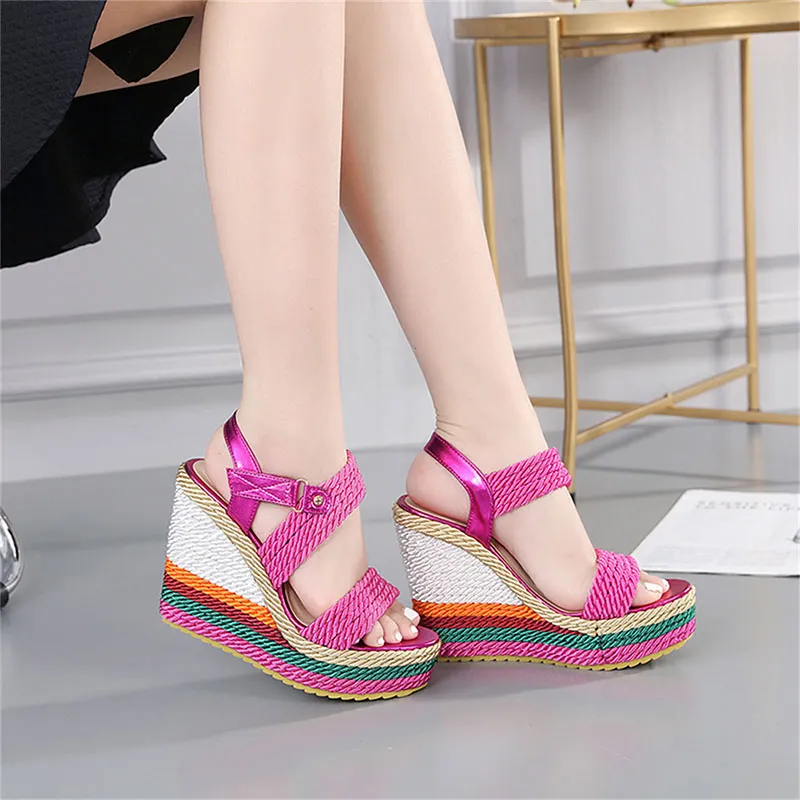 2022 Summer Boho Wedges Dress Party Rainbow Multicolor High Heels