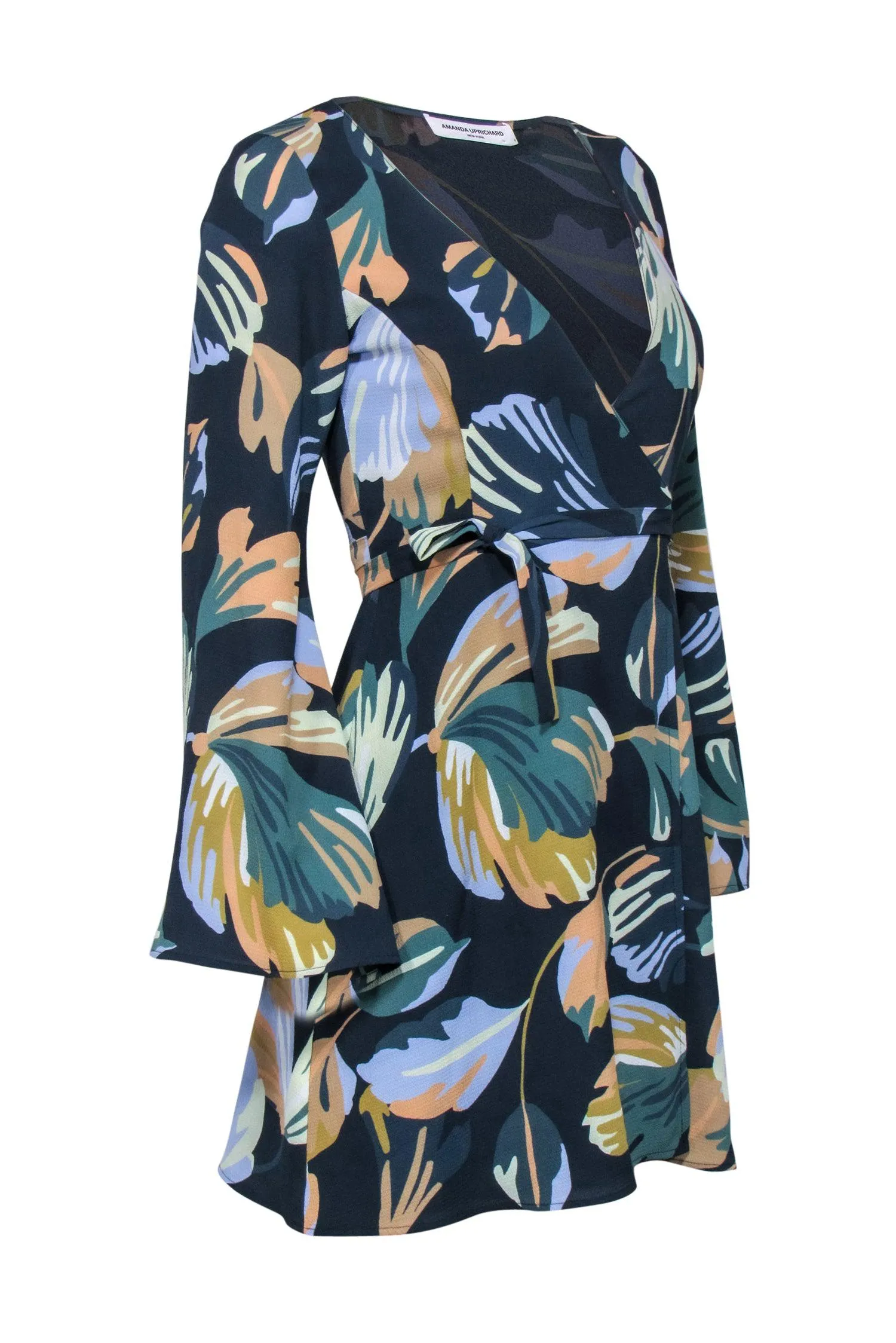 Amanda Uprichard - Navy Leaf Print Long Sleeve Wrap Dress Sz P