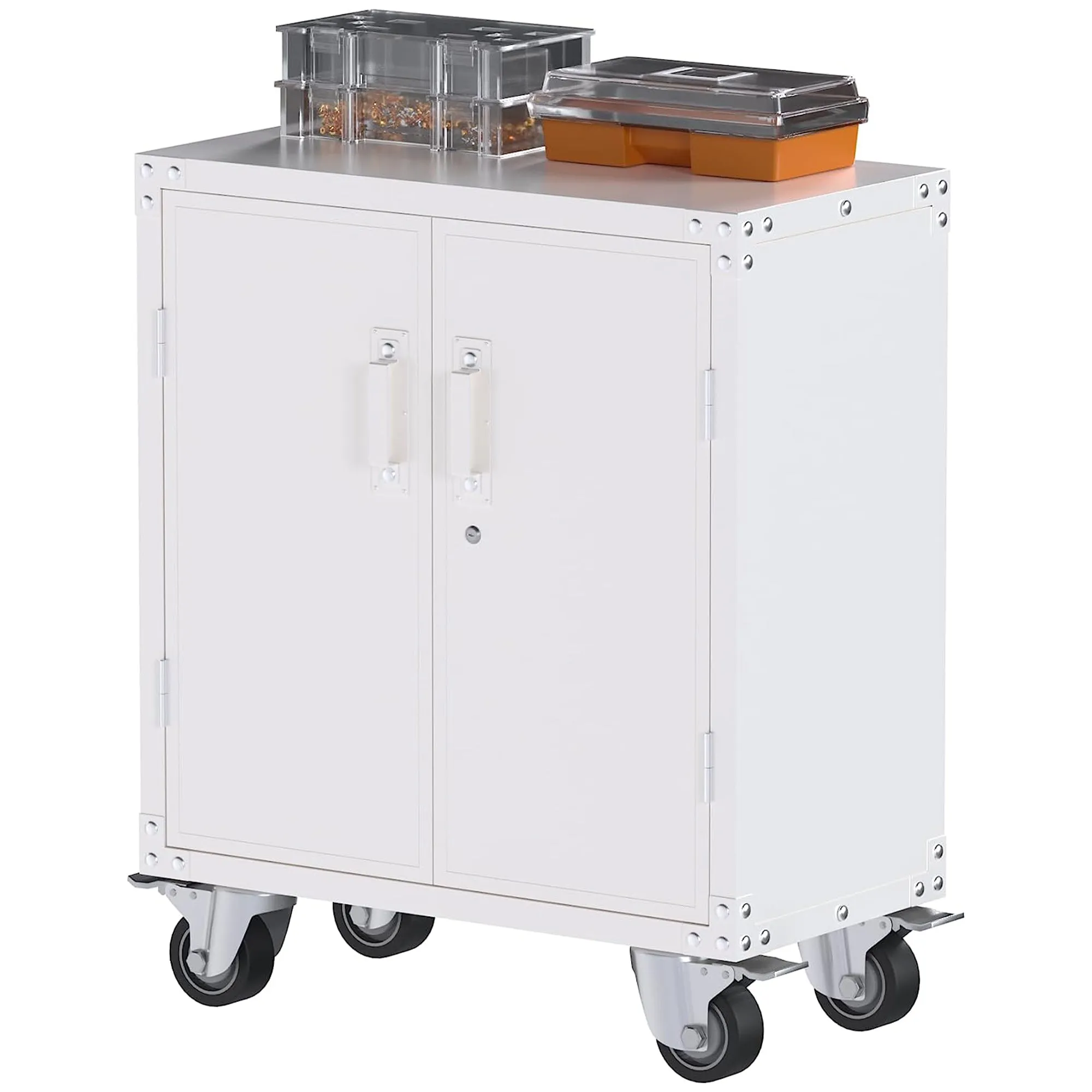 AOBABO Durable & Lockable Storage Cabinet w/Adjustable Shelves and Wheels, White