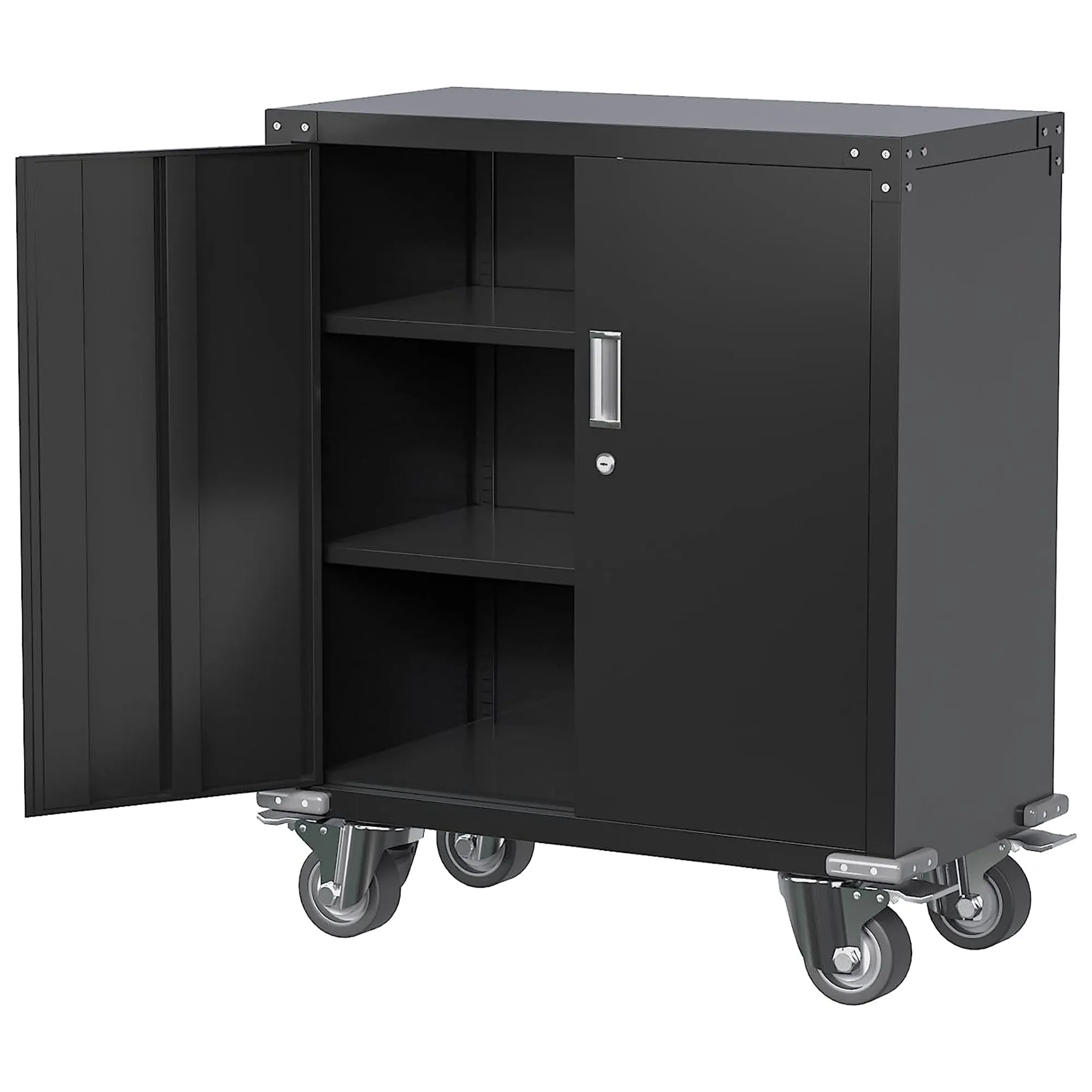 AOBABO Lockable Storage Cabinet, Adjustable Shelves & Wheels, Black (Open Box)