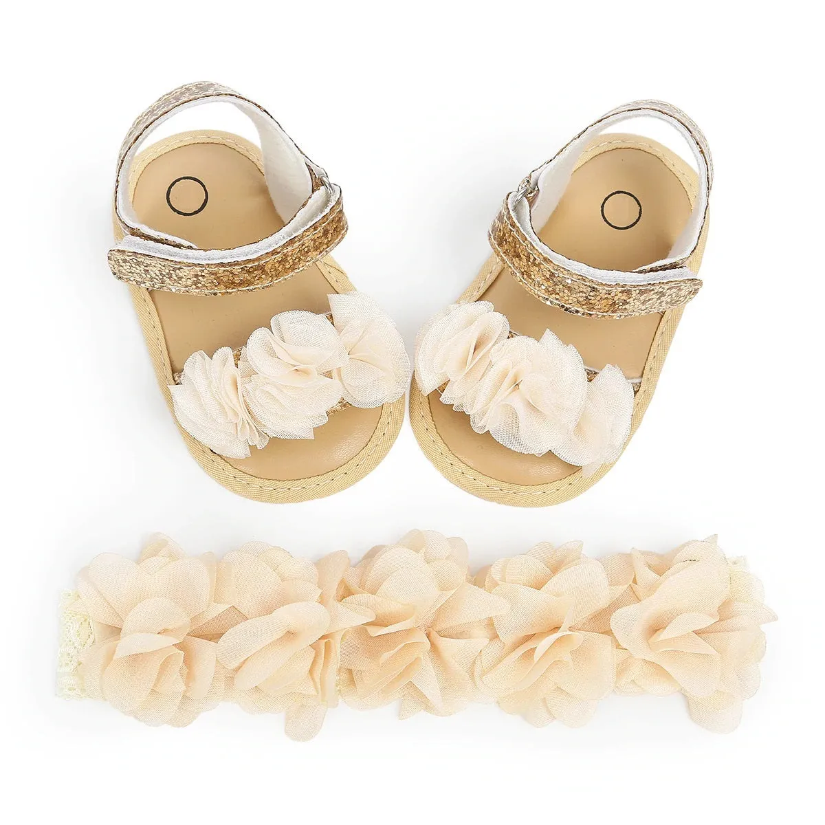 Baby Summer Clothing Newborn Kid Baby Girl Flower Sandals Shoes Soft Sole Hook Casual Summer Shoes  Headband 2Pcs Solid Set.