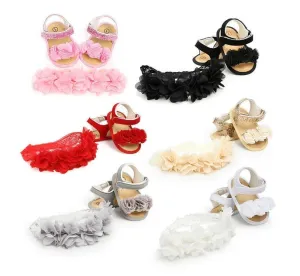 Baby Summer Clothing Newborn Kid Baby Girl Flower Sandals Shoes Soft Sole Hook Casual Summer Shoes  Headband 2Pcs Solid Set.