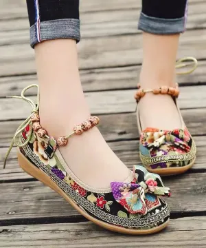Black Bow Splicing Boho Wedge High Wedge Heels Shoes ML1032