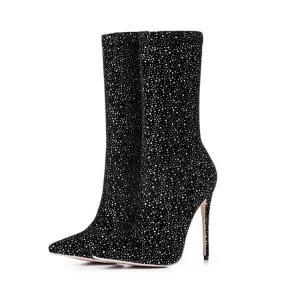 Black High Heel Suede Polka Dots Calf Boots