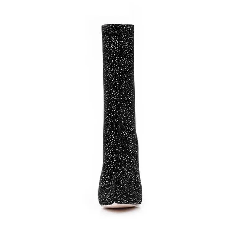Black High Heel Suede Polka Dots Calf Boots