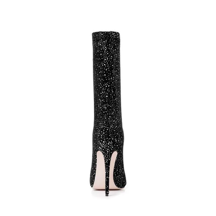 Black High Heel Suede Polka Dots Calf Boots