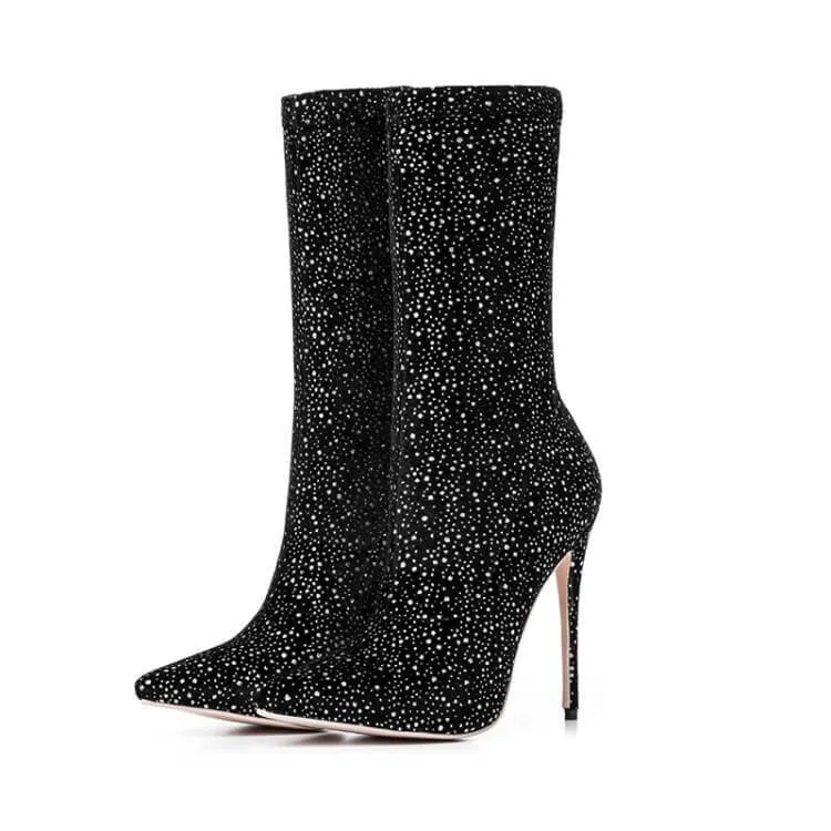 Black High Heel Suede Polka Dots Calf Boots