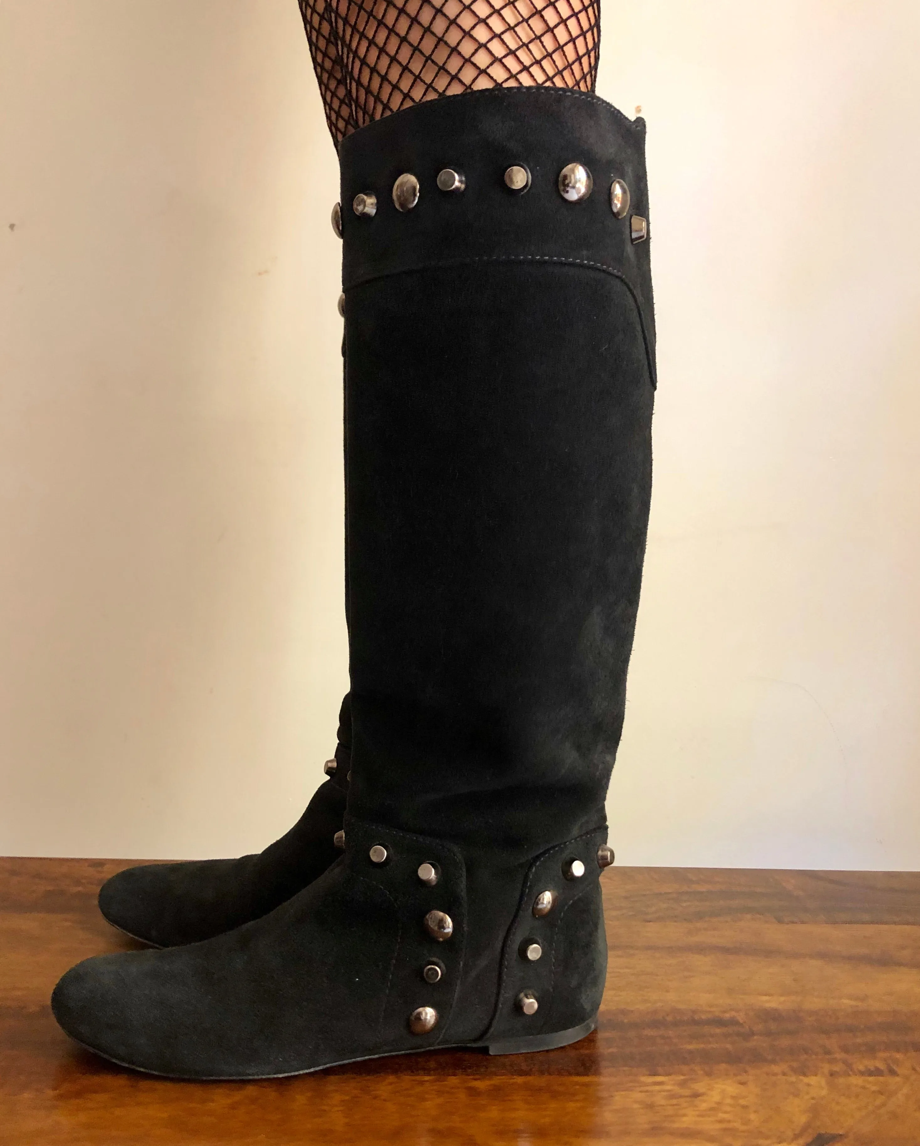 Black knee High Studded Suede Leather Boots