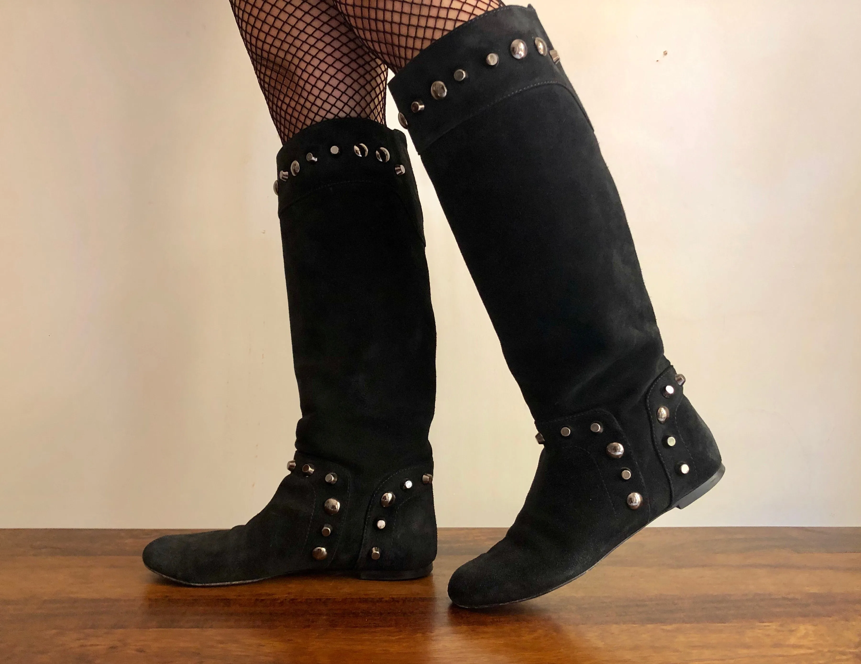 Black knee High Studded Suede Leather Boots