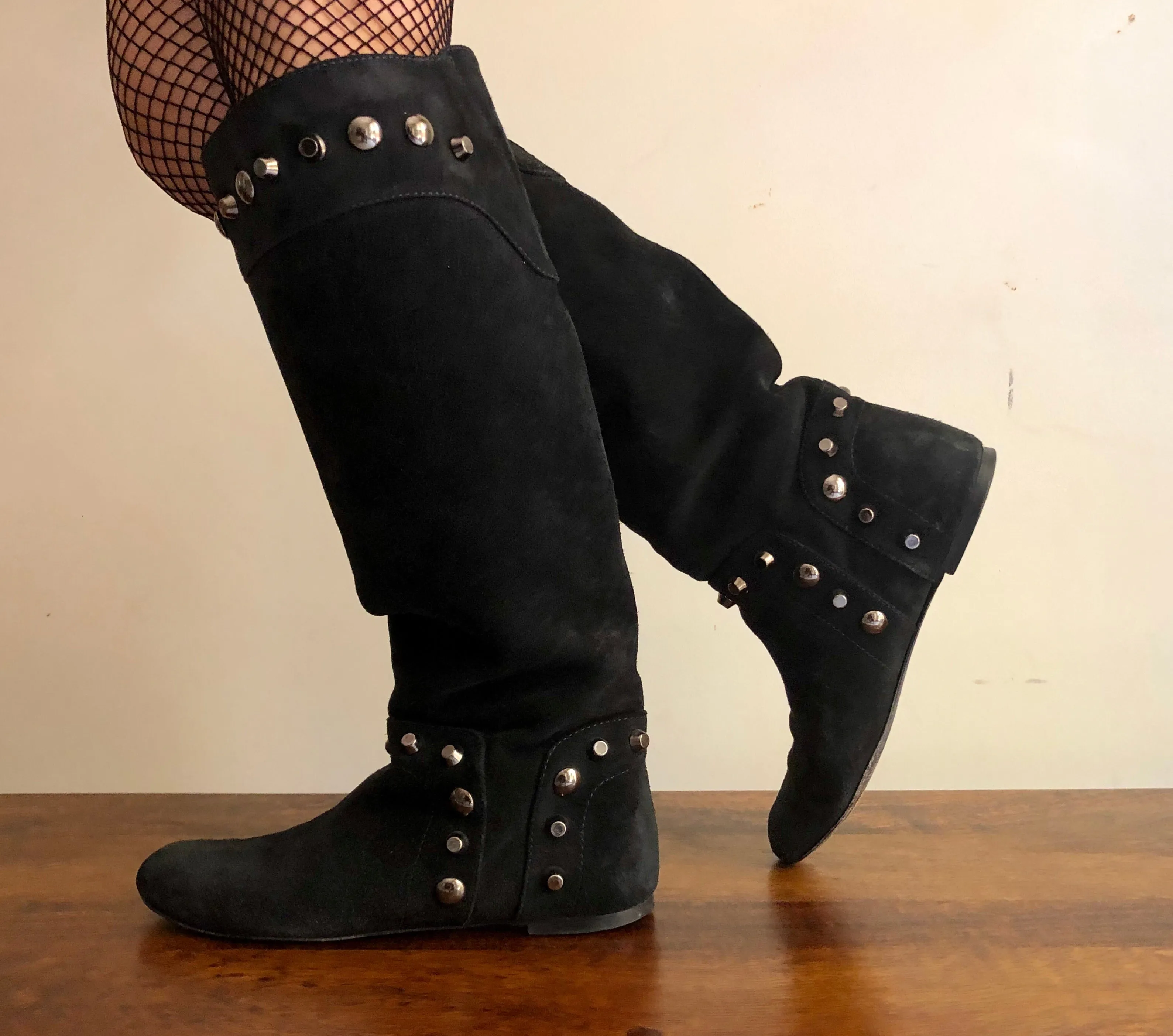 Black knee High Studded Suede Leather Boots