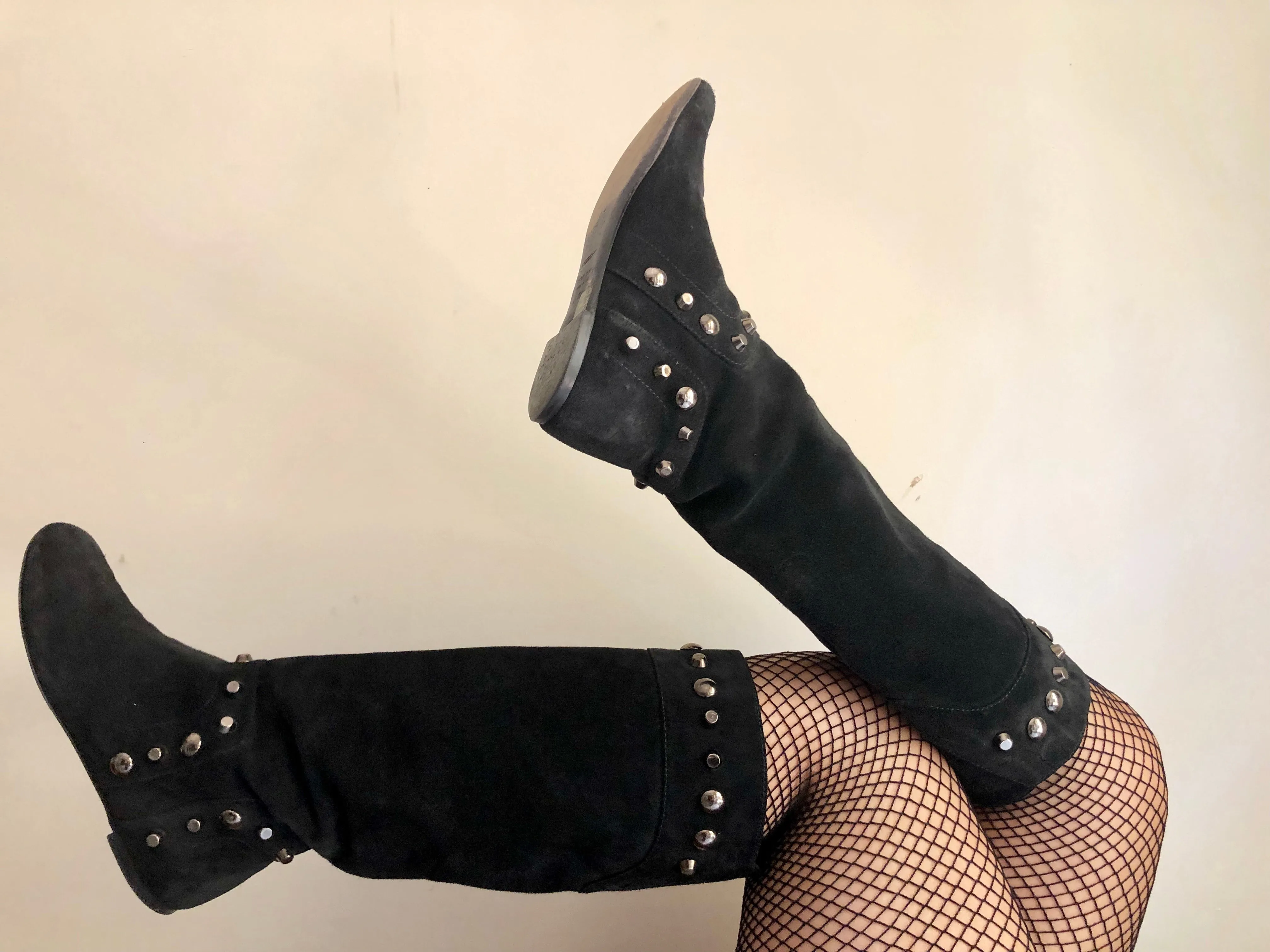 Black knee High Studded Suede Leather Boots