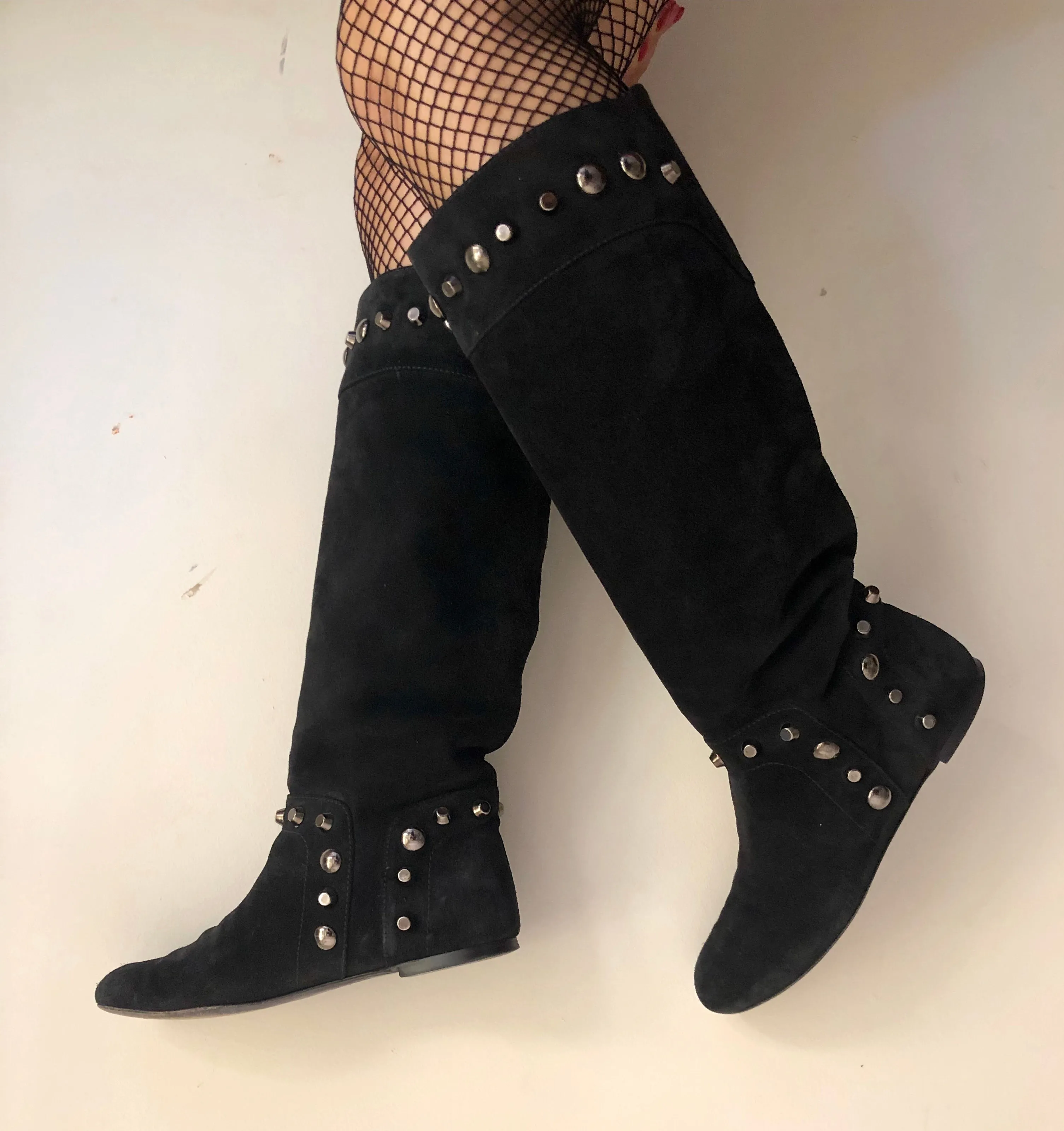 Black knee High Studded Suede Leather Boots