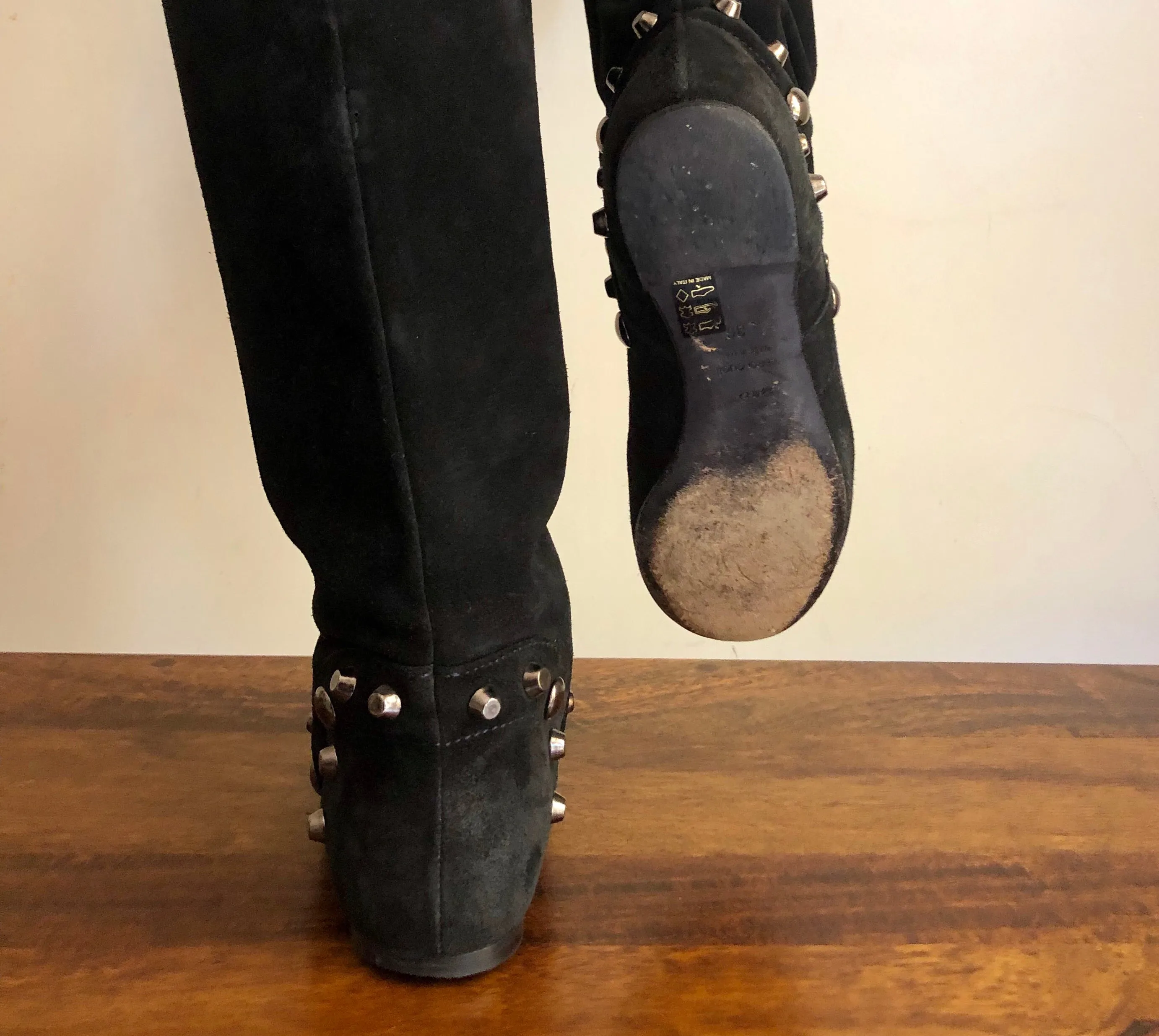 Black knee High Studded Suede Leather Boots