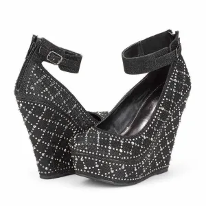 Black Rhinestone & Leopard Ankle Strap Platform Wedges