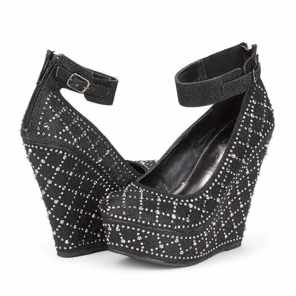 Black Rhinestone & Leopard Ankle Strap Platform Wedges