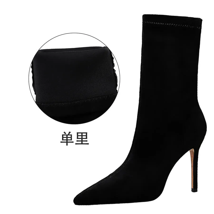 Black Suede Point Toe Zipper High Heel Calf Boots
