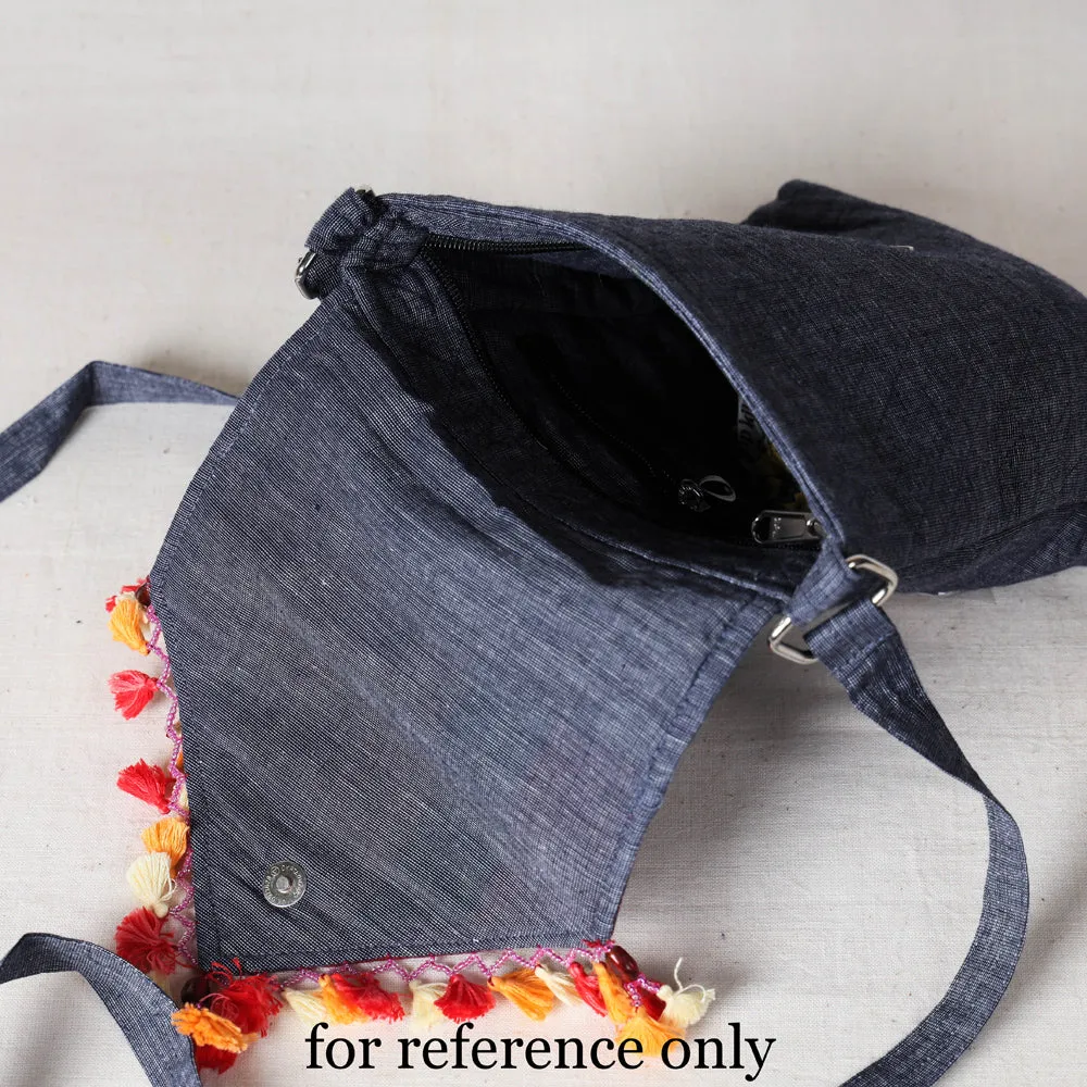 Blue - Soof Stitch Embroidery Pure Handloom Mashru Silk Sling Flap Bag