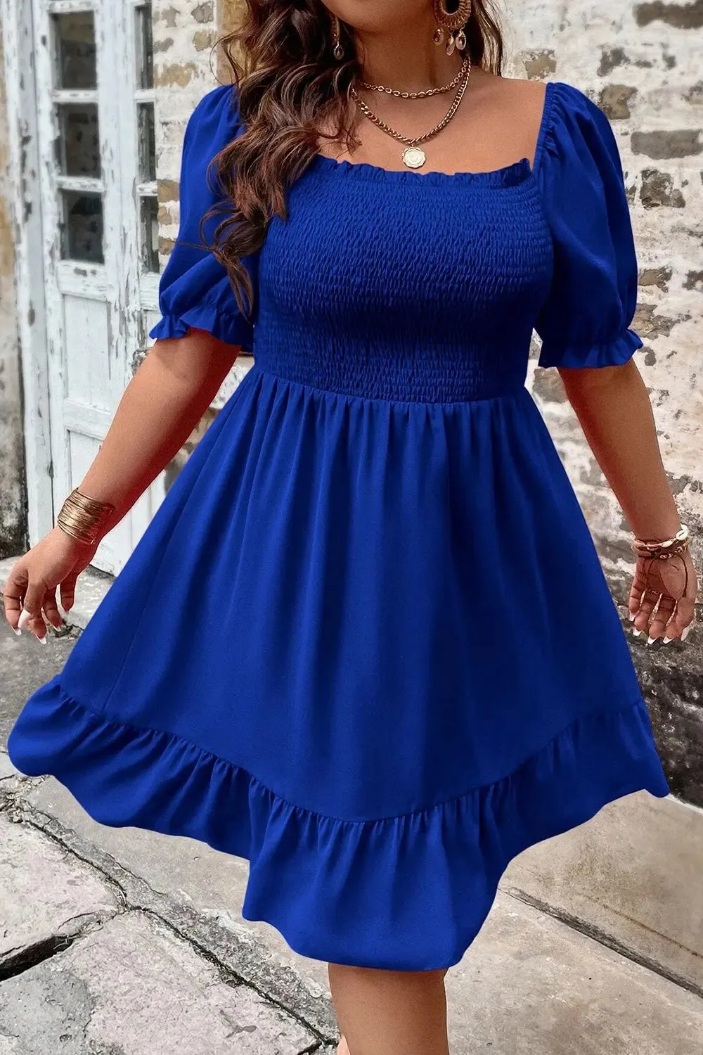 Blue Zone Planet |  Plus Size Smocked Square Neck Short Sleeve Dress