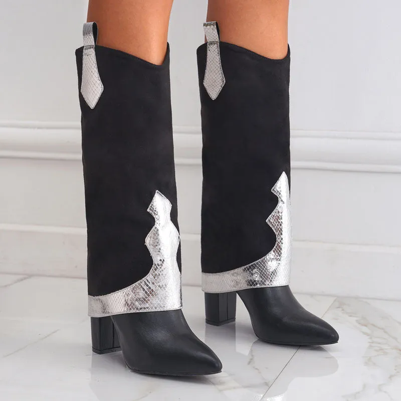 Bold High Heel Fashion: Color Block High Cut Pointed Boots