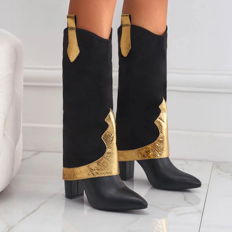 Bold High Heel Fashion: Color Block High Cut Pointed Boots