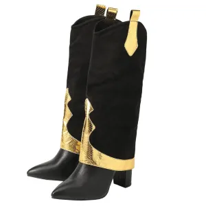 Bold High Heel Fashion: Color Block High Cut Pointed Boots