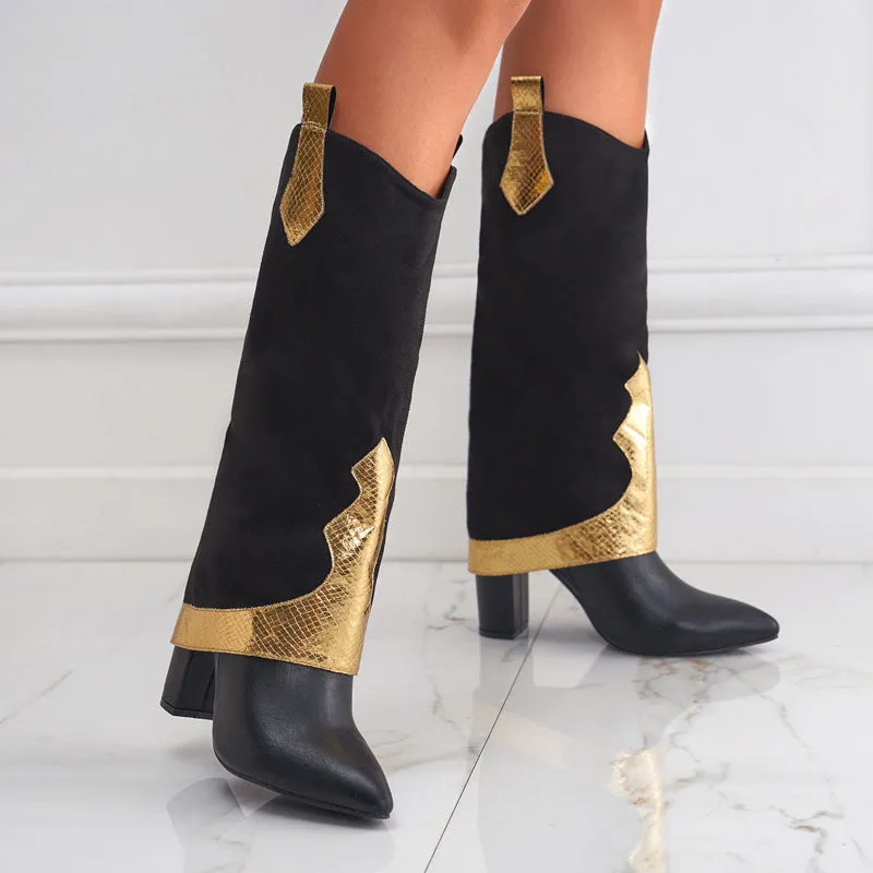 Bold High Heel Fashion: Color Block High Cut Pointed Boots
