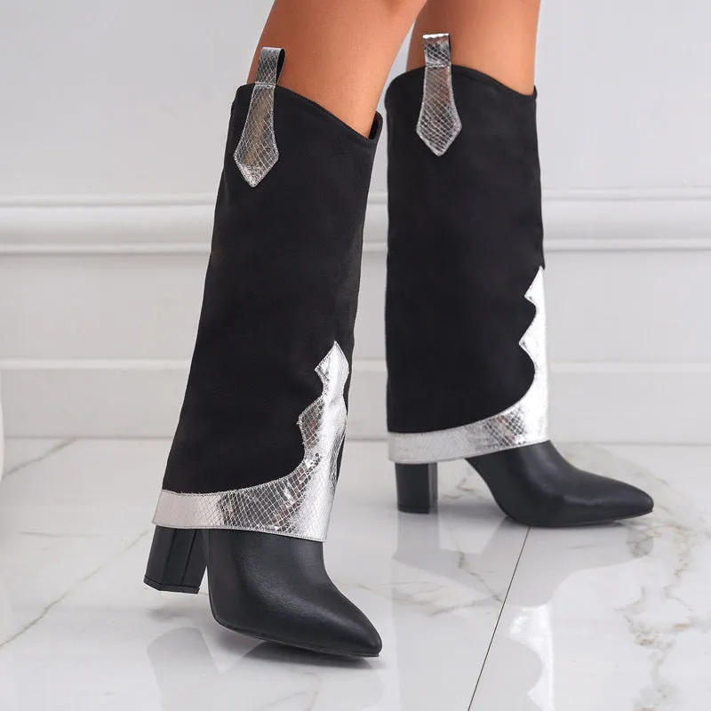 Bold High Heel Fashion: Color Block High Cut Pointed Boots