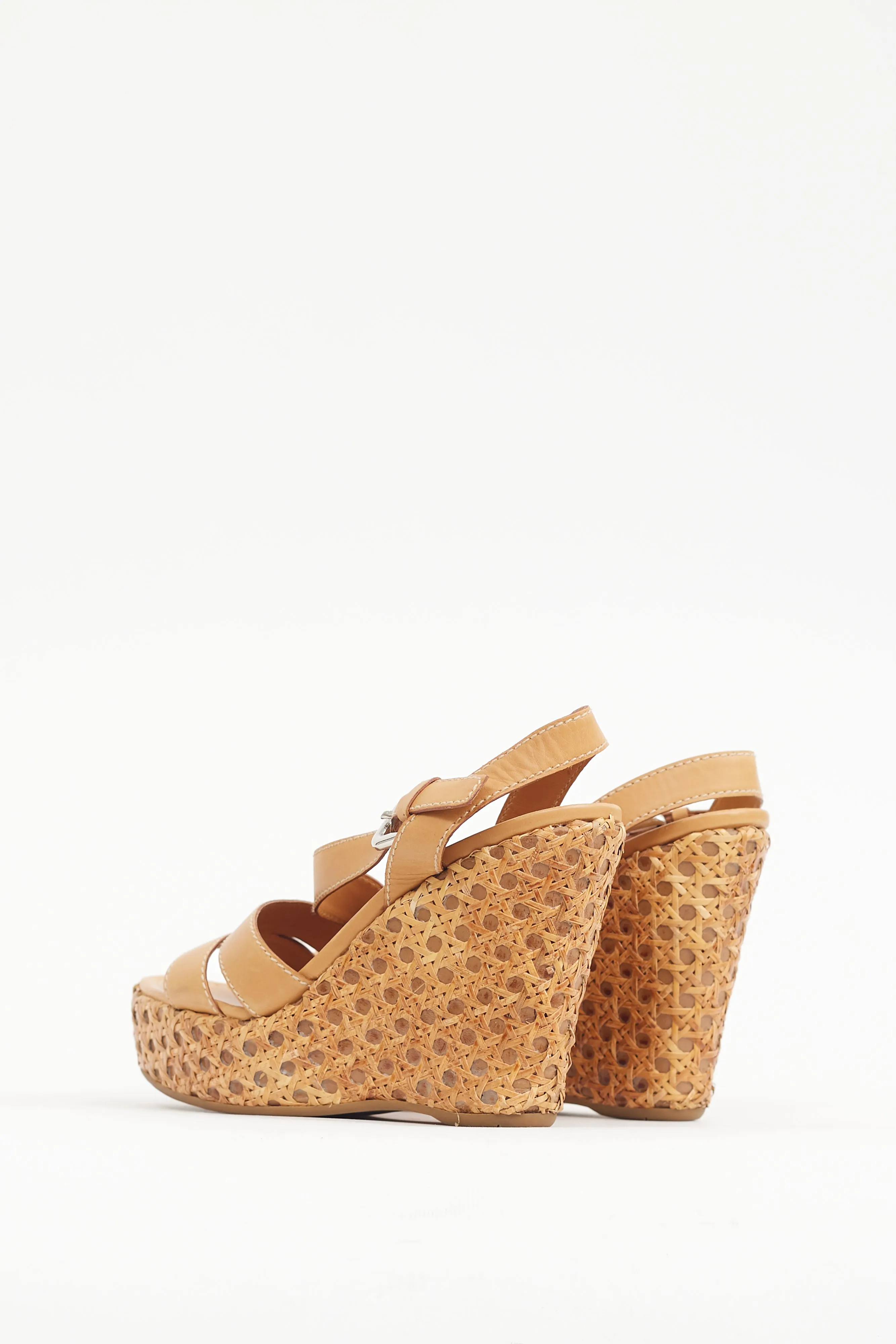Brown Leather & Woven Straw Wedge Heel