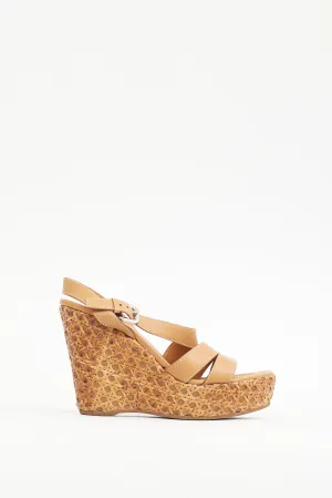 Brown Leather & Woven Straw Wedge Heel