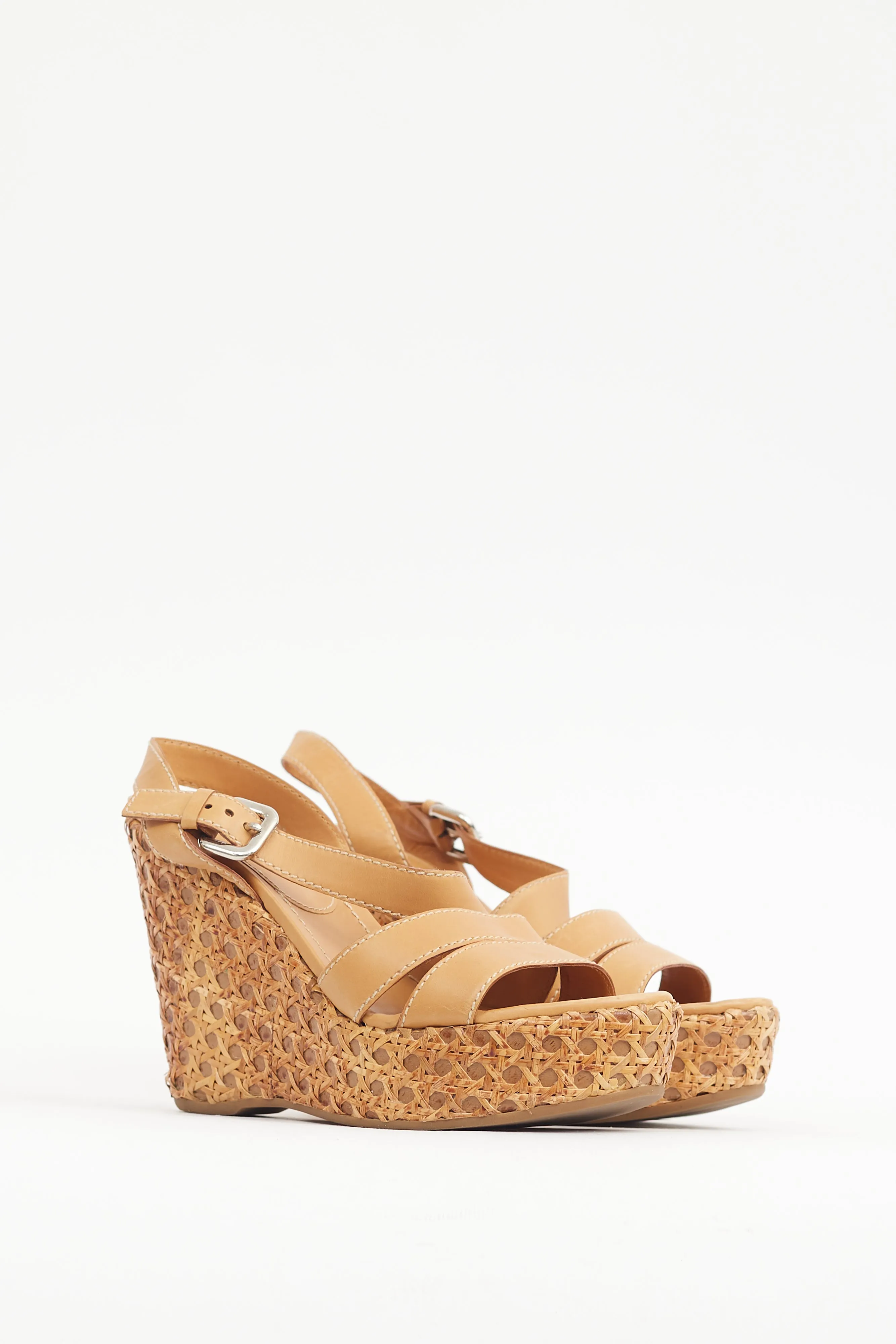 Brown Leather & Woven Straw Wedge Heel