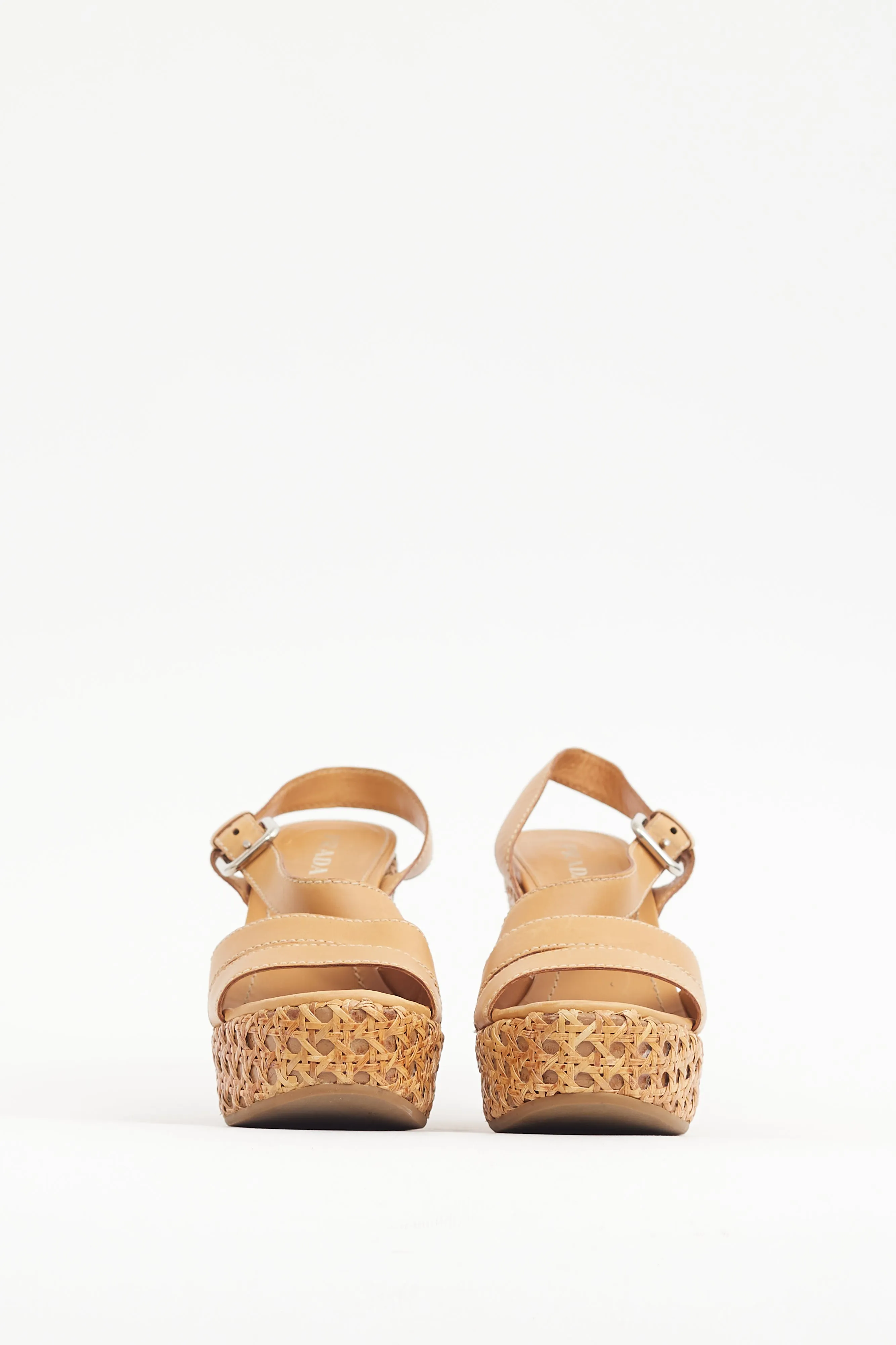 Brown Leather & Woven Straw Wedge Heel